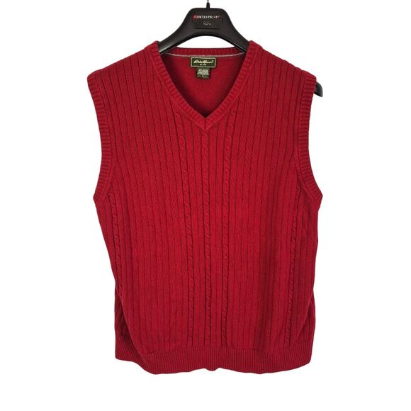 Eddie Bauer Sweater Vest Mens Large Red V Neck Cotton Cashmere Pullover Grandpa - Picture 1 of 9